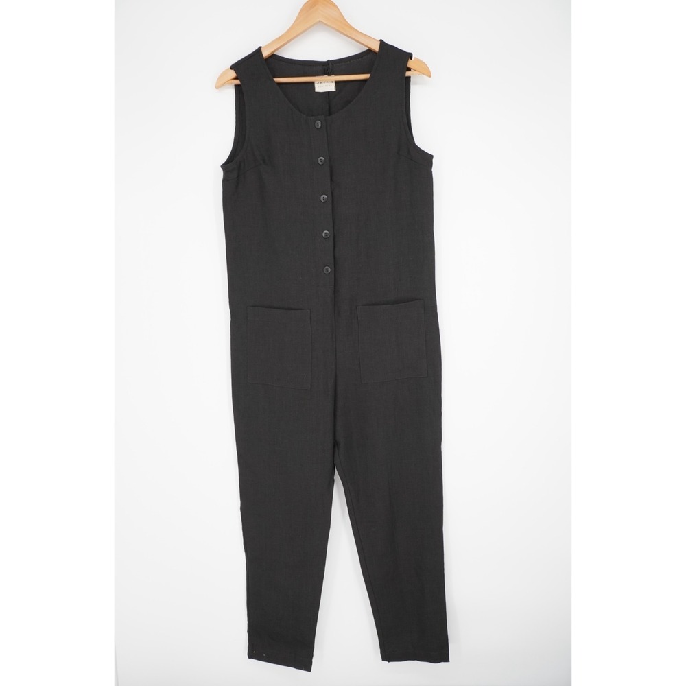 Offon Clothing Linen Jumpsuit Womens S Black Sleeveless Button Front Pockets - Picture 2 of 15